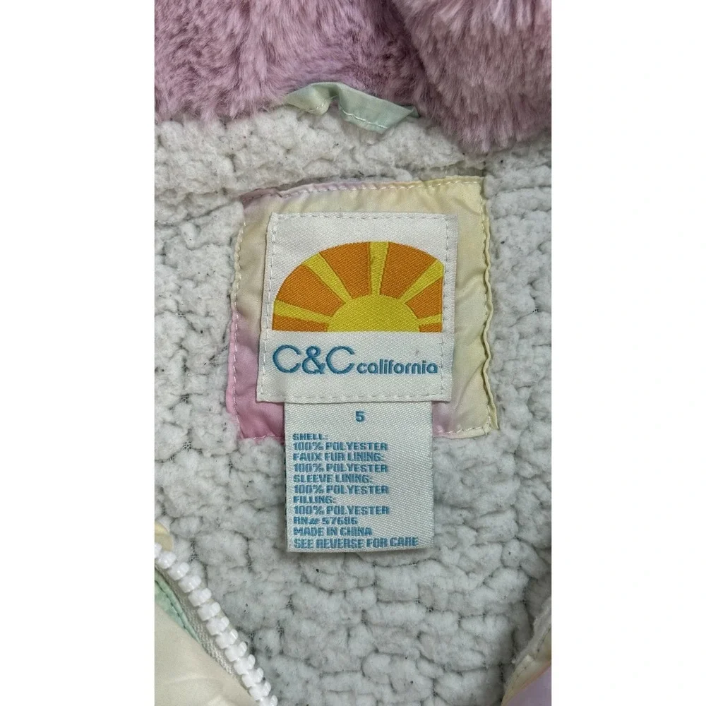 C&C‎ California Jacket Girls 5 Tie Dye Hooded Puffer Faux Fur Winter Coat